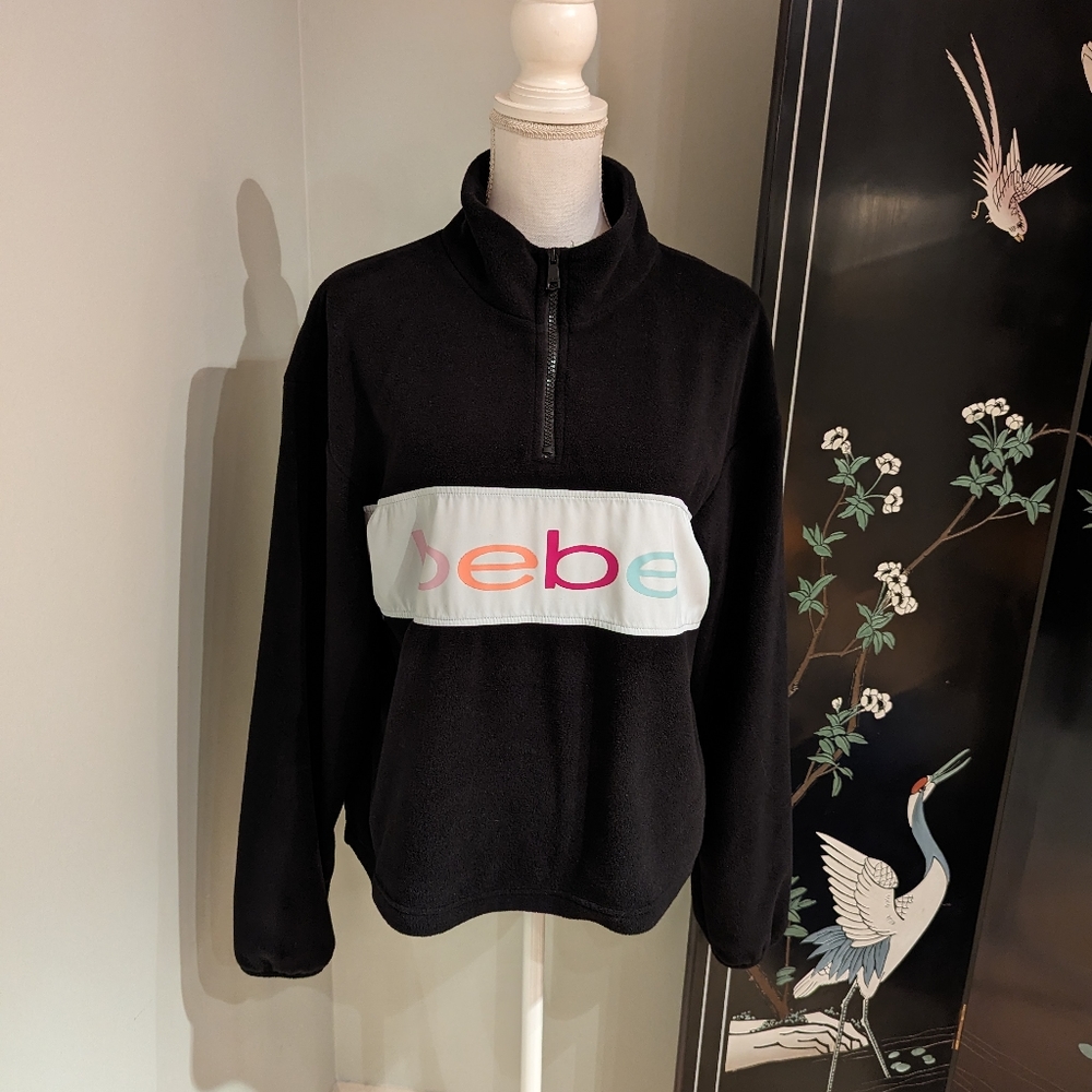 Bebe Sport Women's Medium Sweatshirt Fleece 1/4 Zip Black Spell Out Logo